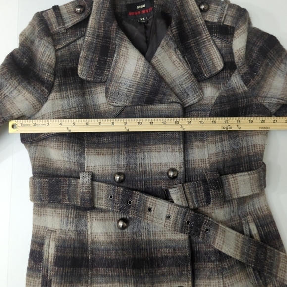 Vintage Y2K Wool Blend Miss Sixty Belted Plaid Faux Leather Trim Coat - Picture 16 of 16